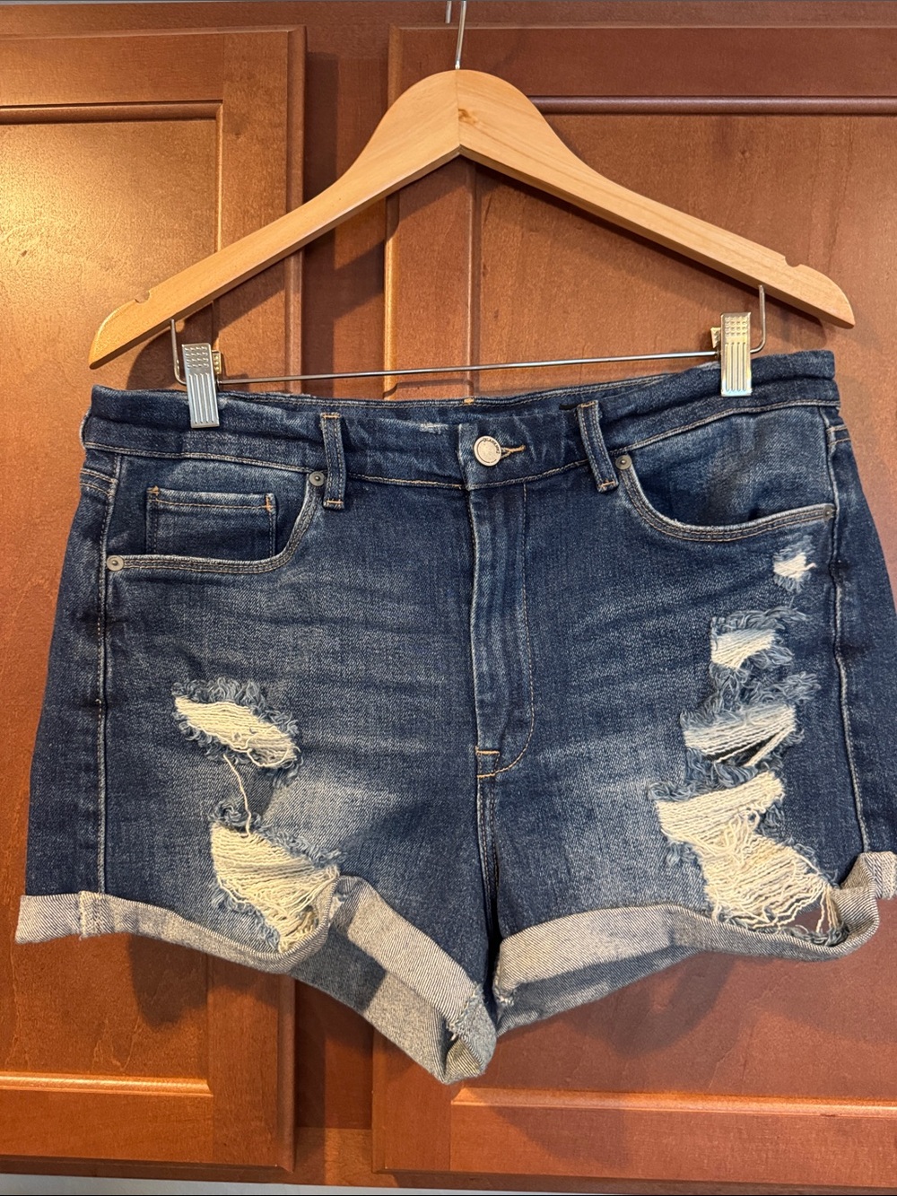 Blank NYC Dark Blue Distressed Rolled-Hem Jean Shorts